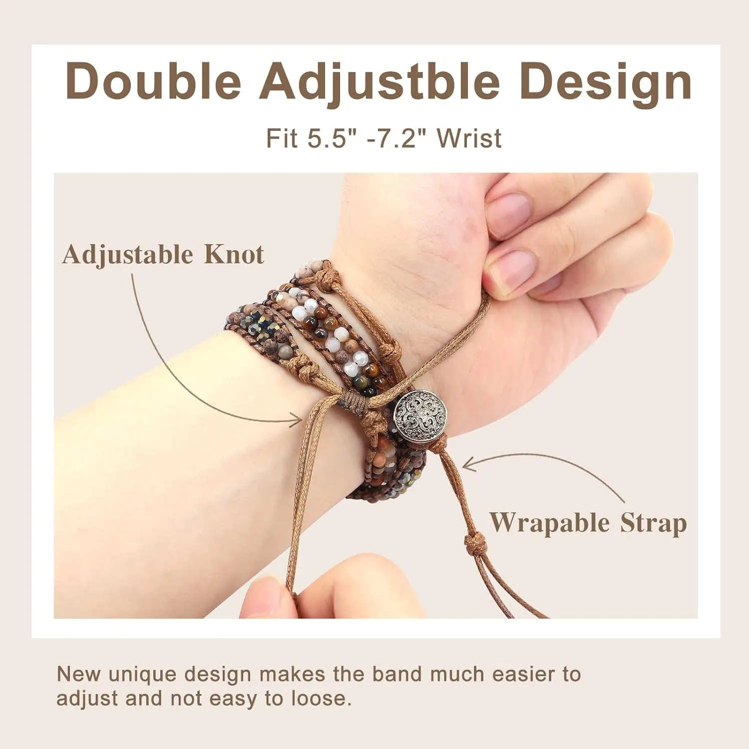 iWatch Series 10/9/8/7/6/5/4/3/2/1/SE JR.DM Boho Beaded Watch Band harsh tolerate Militant Pacific Women Compatible with Apple Watch Band 38mm 40mm 41mm 42mm(S10) Brown Stone Bracelet Adjustable Handmade Braided Rope Watch Strap for 