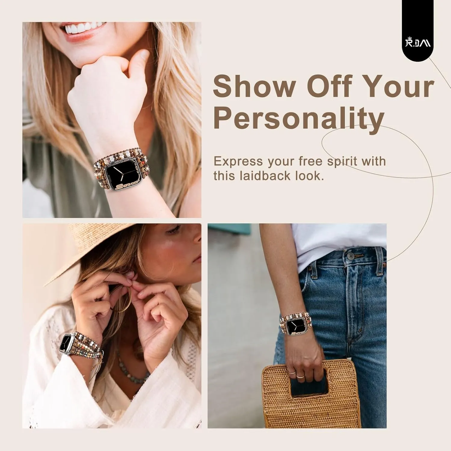 iWatch Series 10/9/8/7/6/5/4/3/2/1/SE JR.DM Boho Beaded Watch Band harsh tolerate Militant Pacific Women Compatible with Apple Watch Band 38mm 40mm 41mm 42mm(S10) Brown Stone Bracelet Adjustable Handmade Braided Rope Watch Strap for 