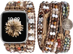iWatch Series 10/9/8/7/6/5/4/3/2/1/SE JR.DM Boho Beaded Watch Band harsh tolerate Militant Pacific Women Compatible with Apple Watch Band 38mm 40mm 41mm 42mm(S10) Brown Stone Bracelet Adjustable Handmade Braided Rope Watch Strap for 
