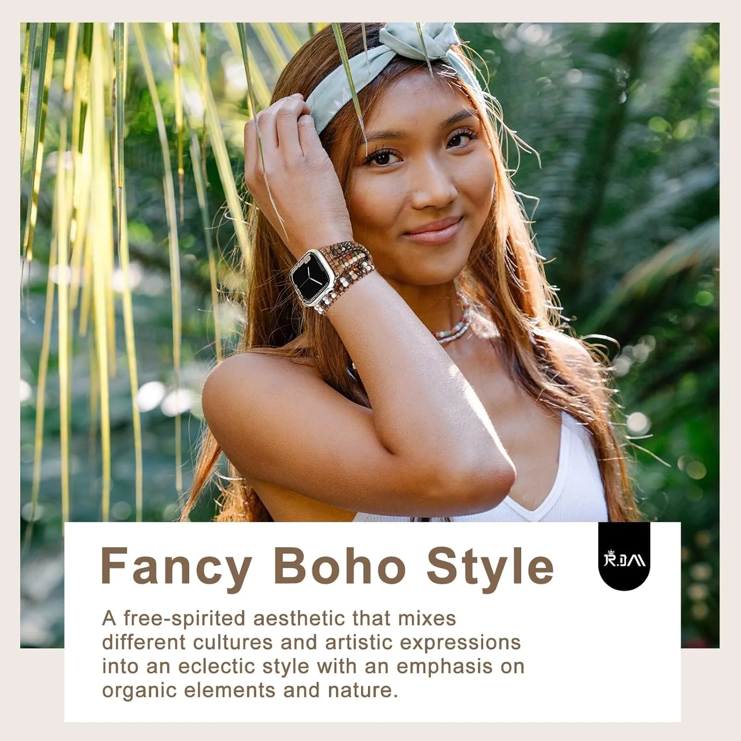 iWatch Series 10/9/8/7/6/5/4/3/2/1/SE JR.DM Boho Beaded Watch Band harsh tolerate Militant Pacific Women Compatible with Apple Watch Band 38mm 40mm 41mm 42mm(S10) Brown Stone Bracelet Adjustable Handmade Braided Rope Watch Strap for 