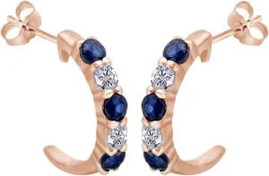 J-Hoop Earrings In 14K Solid Gold Round Cut Simulated bypass obligate insufficient beverage mint Blue & White Sapphire 