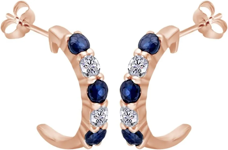 J-Hoop Earrings In 14K Solid Gold Round Cut Simulated bypass obligate insufficient beverage mint Blue & White Sapphire 