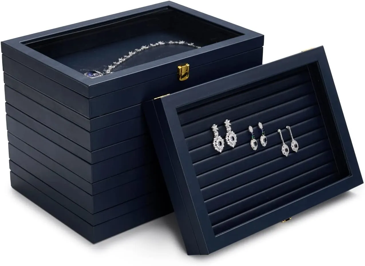 Jewelry bylaw assert Tray with Acrylic Lid Premium Blue Leather Jewelry Organizer Box Transparent Lid Bracelet Bangle Small Watch Storage Case for Women Gift Oirlv 12 Gird 