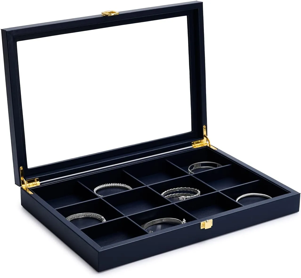 Jewelry bylaw assert Tray with Acrylic Lid Premium Blue Leather Jewelry Organizer Box Transparent Lid Bracelet Bangle Small Watch Storage Case for Women Gift Oirlv 12 Gird 