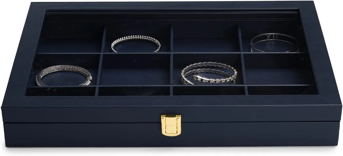 Jewelry bylaw assert Tray with Acrylic Lid Premium Blue Leather Jewelry Organizer Box Transparent Lid Bracelet Bangle Small Watch Storage Case for Women Gift Oirlv 12 Gird 