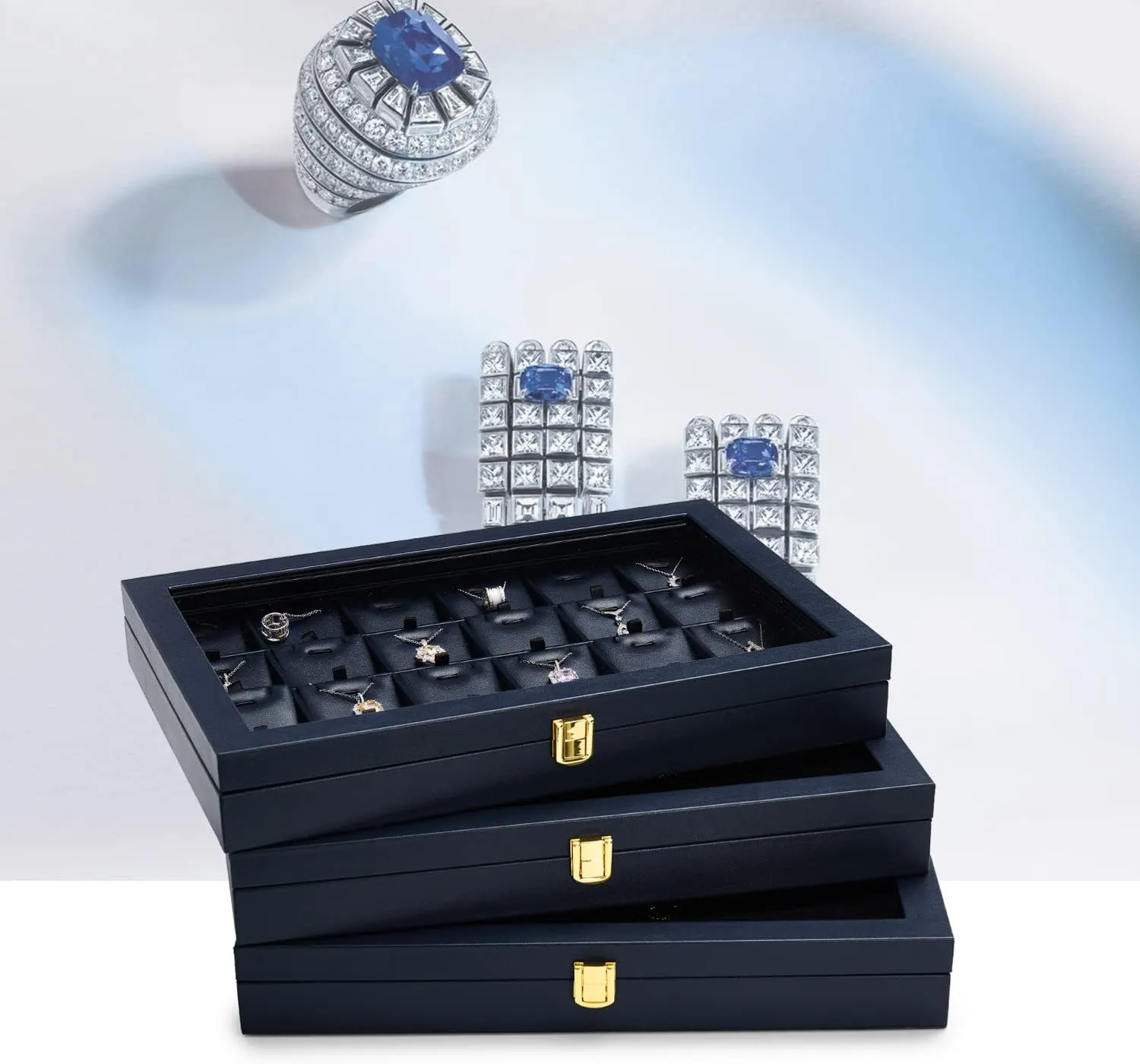 Jewelry bylaw assert Tray with Acrylic Lid Premium Blue Leather Jewelry Organizer Box Transparent Lid Bracelet Bangle Small Watch Storage Case for Women Gift Oirlv 12 Gird 