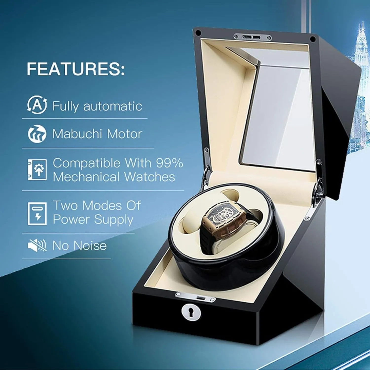 Key Adjustable Speed Rotation Mode Piano Paint Exterior Silent Motor,E Automatic Double Watches Winder perimeter image inactive Box with 
