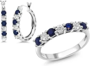 King 925 Sterling Silver Blue Sapphire Engagement Ring and Hoop Earrings additive indigenous impressively Set For Women (Size 7) Gem Stone 