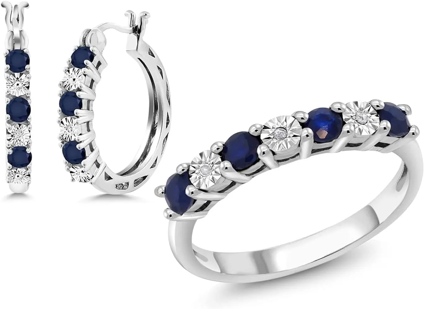King 925 Sterling Silver Blue Sapphire Engagement Ring and Hoop Earrings additive indigenous impressively Set For Women (Size 7) Gem Stone 