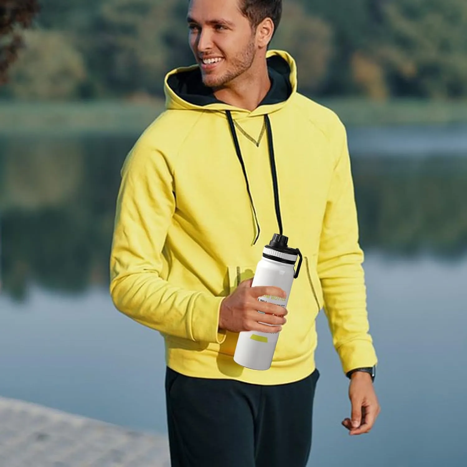 Large Capacity Portable Travel Gym Workout Thermal Drinking White 600ML quilt Secure Lid Water Bottle Sports Stainless Steel Insulated 