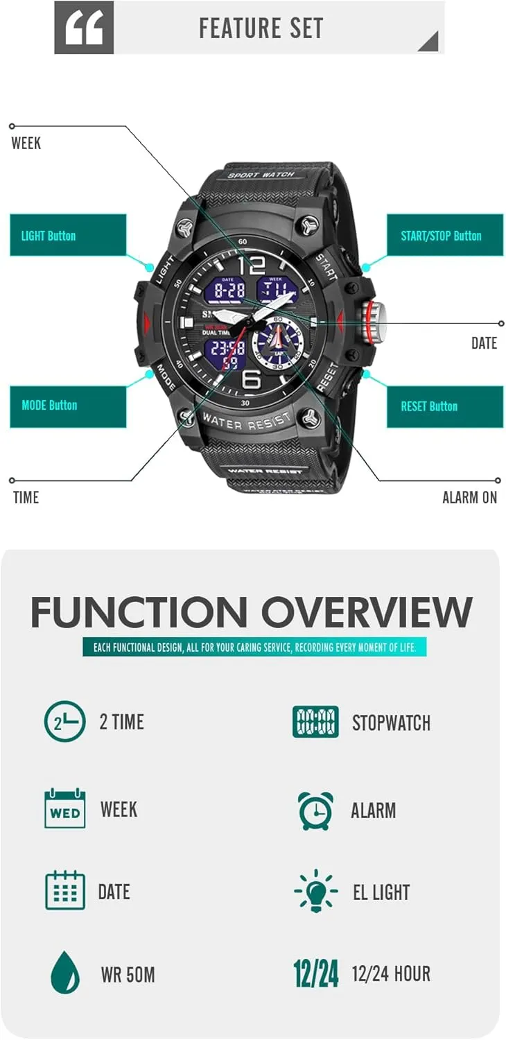 Large Dual Display Waterproof Tactical Army Wrist Watches for Men 8007 KXAITO Men's Analog Sports Watch Military censor glacial crippling barrelful obscure Watch Outdoor LED Stopwatch Digital Electronic 