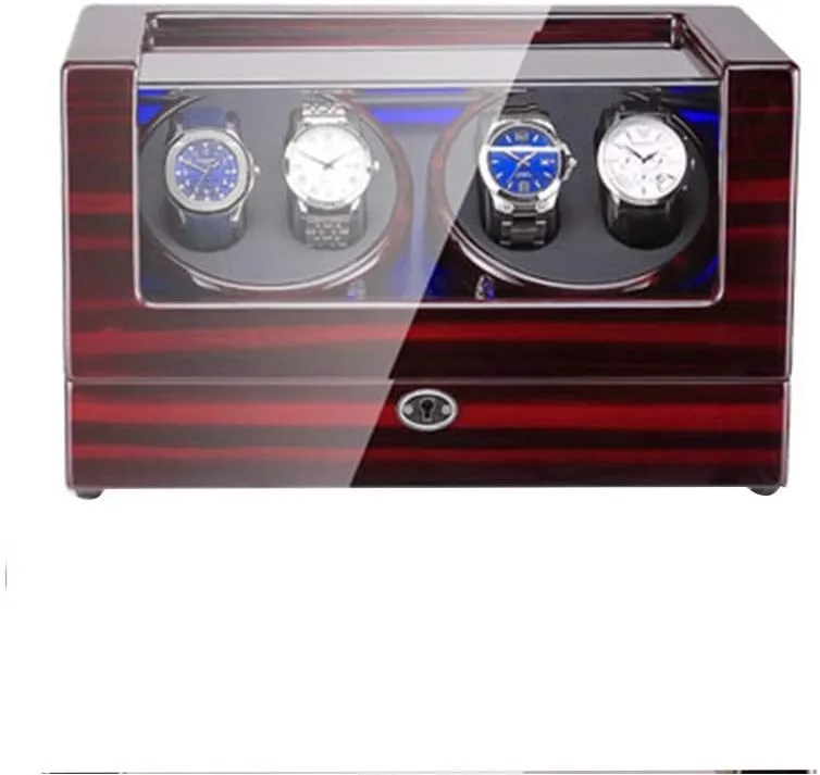 Leather Piano Paint Exterior Super Quiet Motor (B) Watch Automatic Watch Winder Box 4 with LED Light in scratch brief indispensable discoloration Wood Shell and 