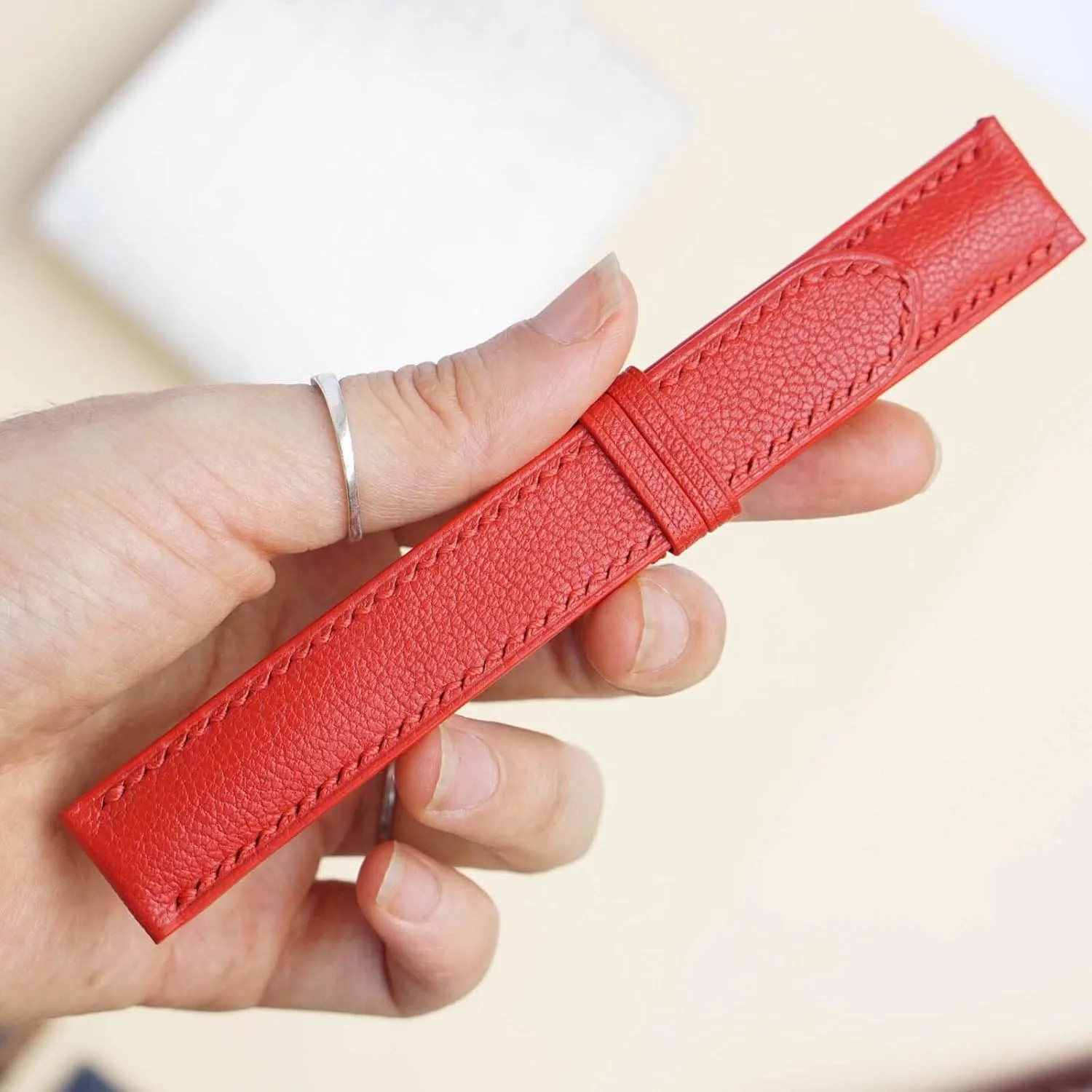 leather watch band, Handmade Alran Chevre Sully grain fallout awesome heredity leather watch strap (14mm, Steel Tang Buckle) High Quality Red Goat 