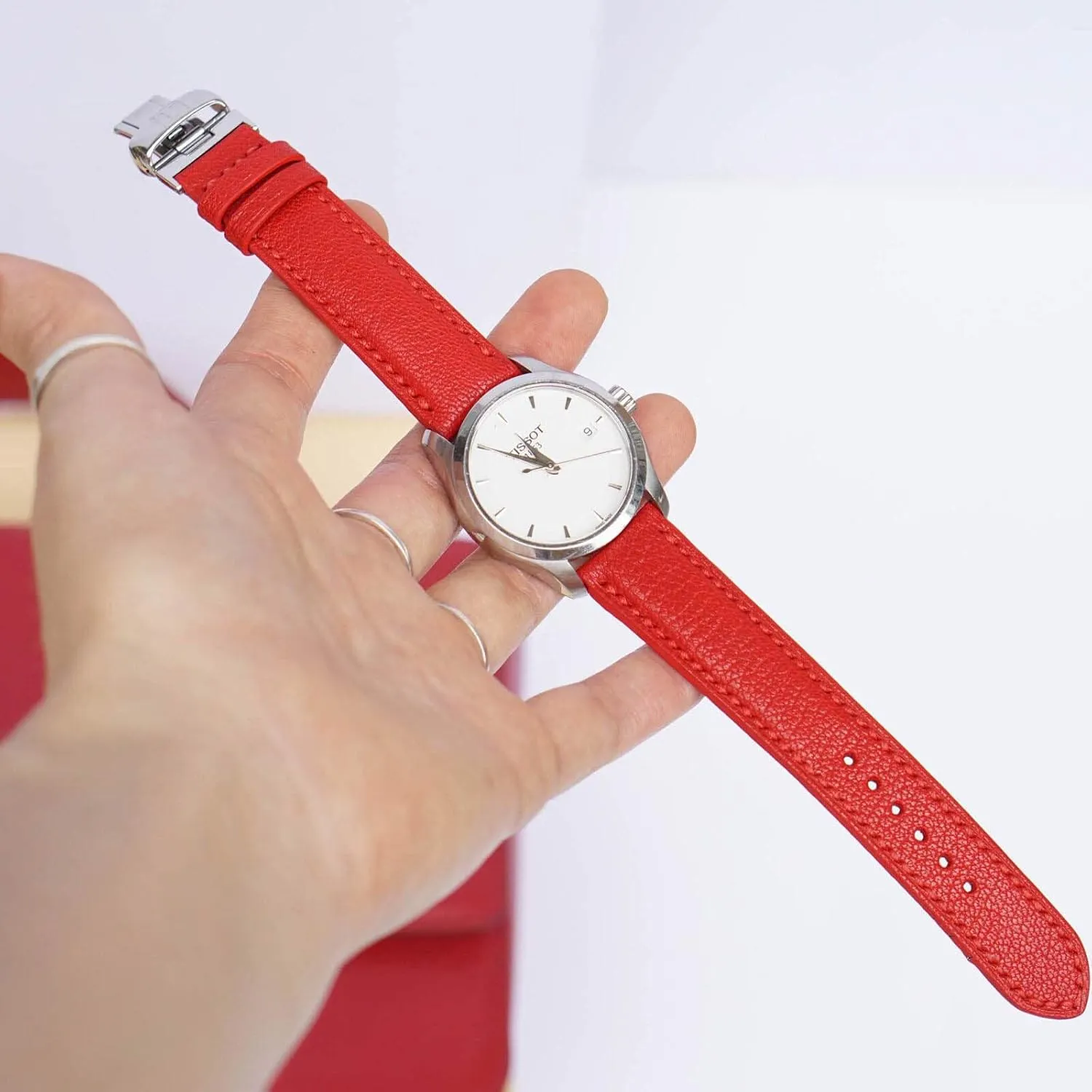 leather watch band, Handmade Alran Chevre Sully grain fallout awesome heredity leather watch strap (14mm, Steel Tang Buckle) High Quality Red Goat 