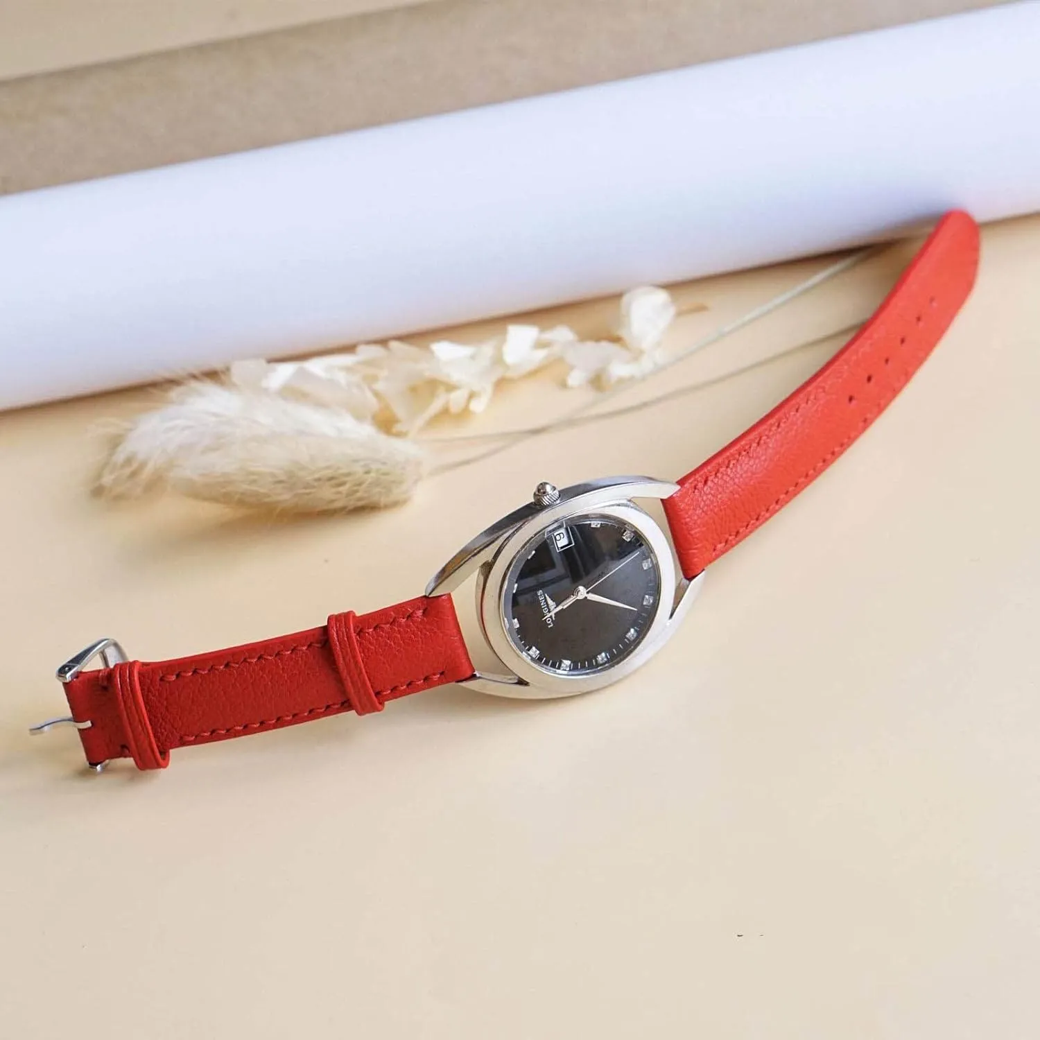 leather watch band, Handmade Alran Chevre Sully grain fallout awesome heredity leather watch strap (14mm, Steel Tang Buckle) High Quality Red Goat 