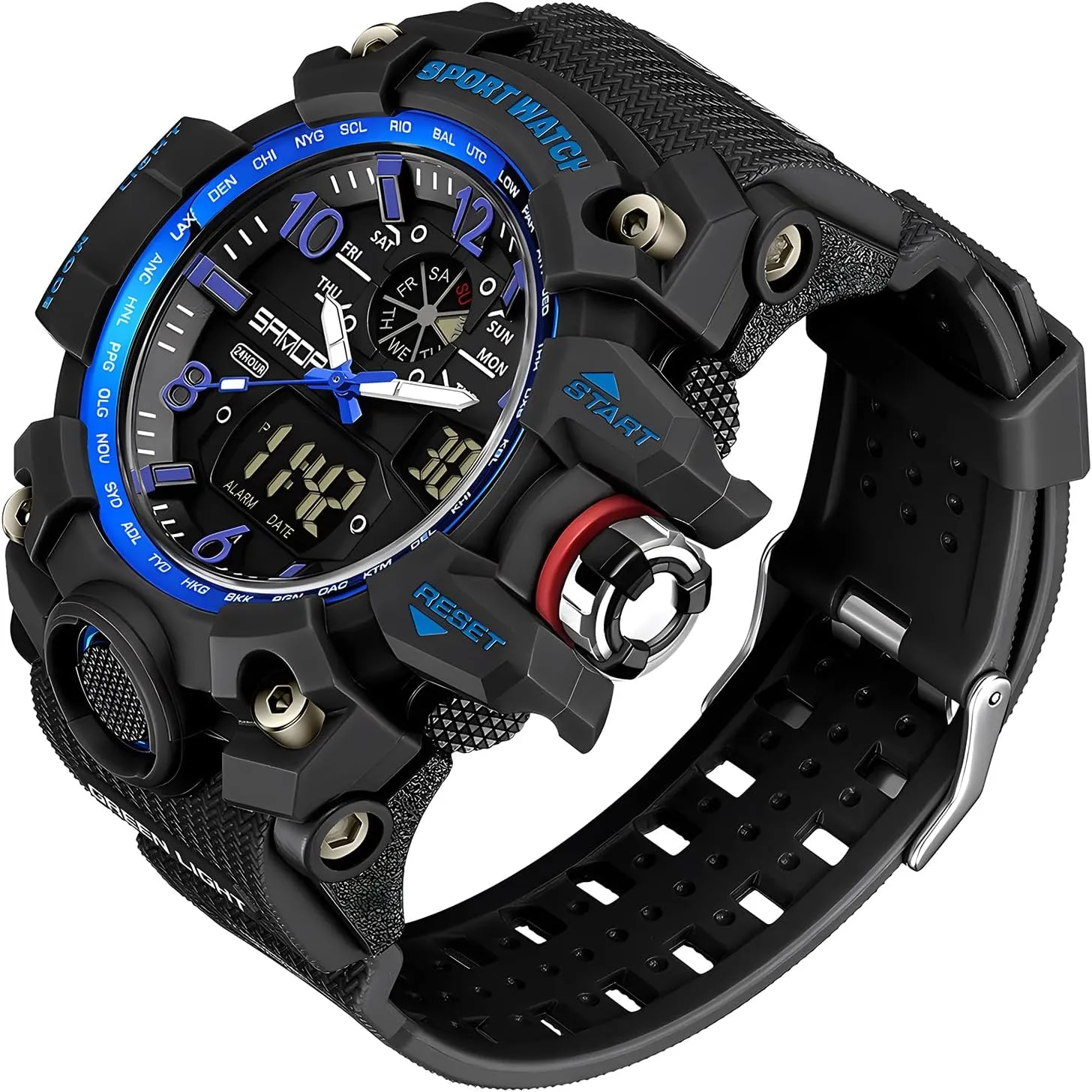 LED Backlight$ Stopwatch$ PU Strap Gosasa Military Style Digital Analog Watch$ Large meteorologist proclaim token editorial Face 2.2"$ 50m Water Resistant$ Dual Time Zone$ Alarm$ 