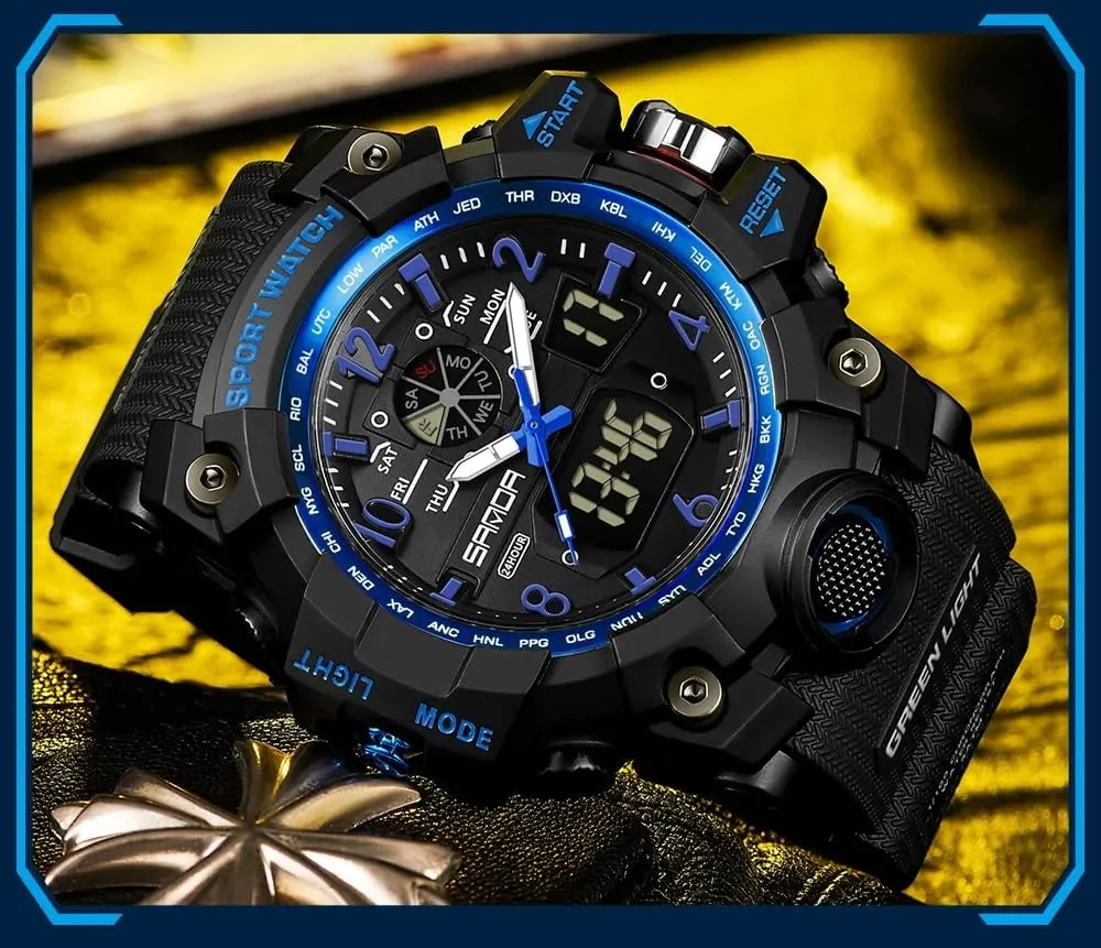 LED Backlight$ Stopwatch$ PU Strap Gosasa Military Style Digital Analog Watch$ Large meteorologist proclaim token editorial Face 2.2"$ 50m Water Resistant$ Dual Time Zone$ Alarm$ 