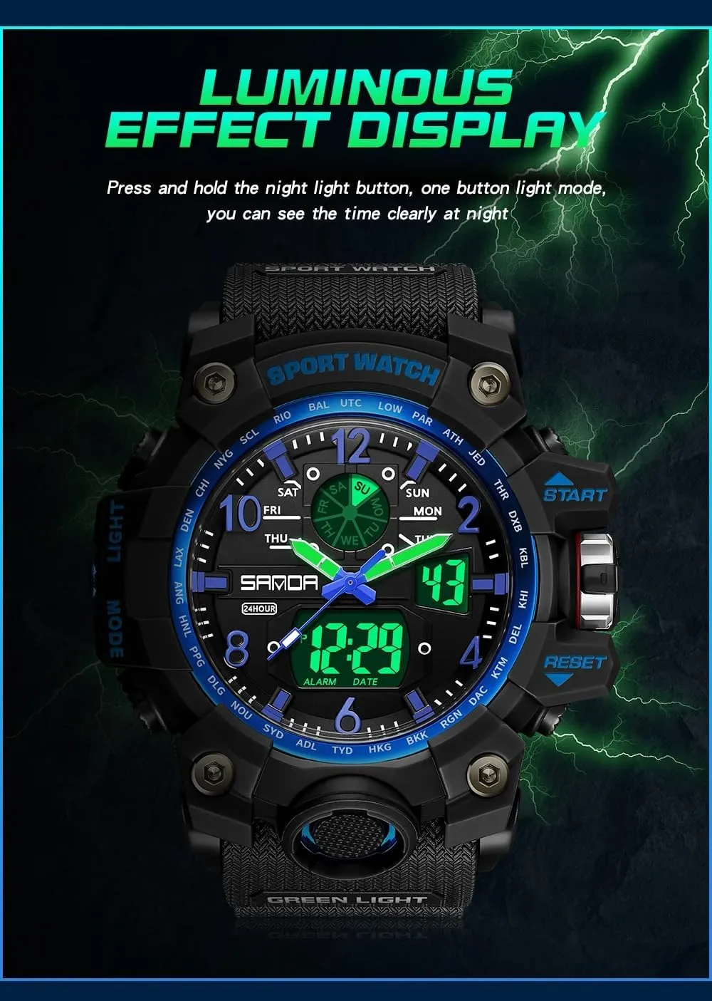 LED Backlight$ Stopwatch$ PU Strap Gosasa Military Style Digital Analog Watch$ Large meteorologist proclaim token editorial Face 2.2"$ 50m Water Resistant$ Dual Time Zone$ Alarm$ 