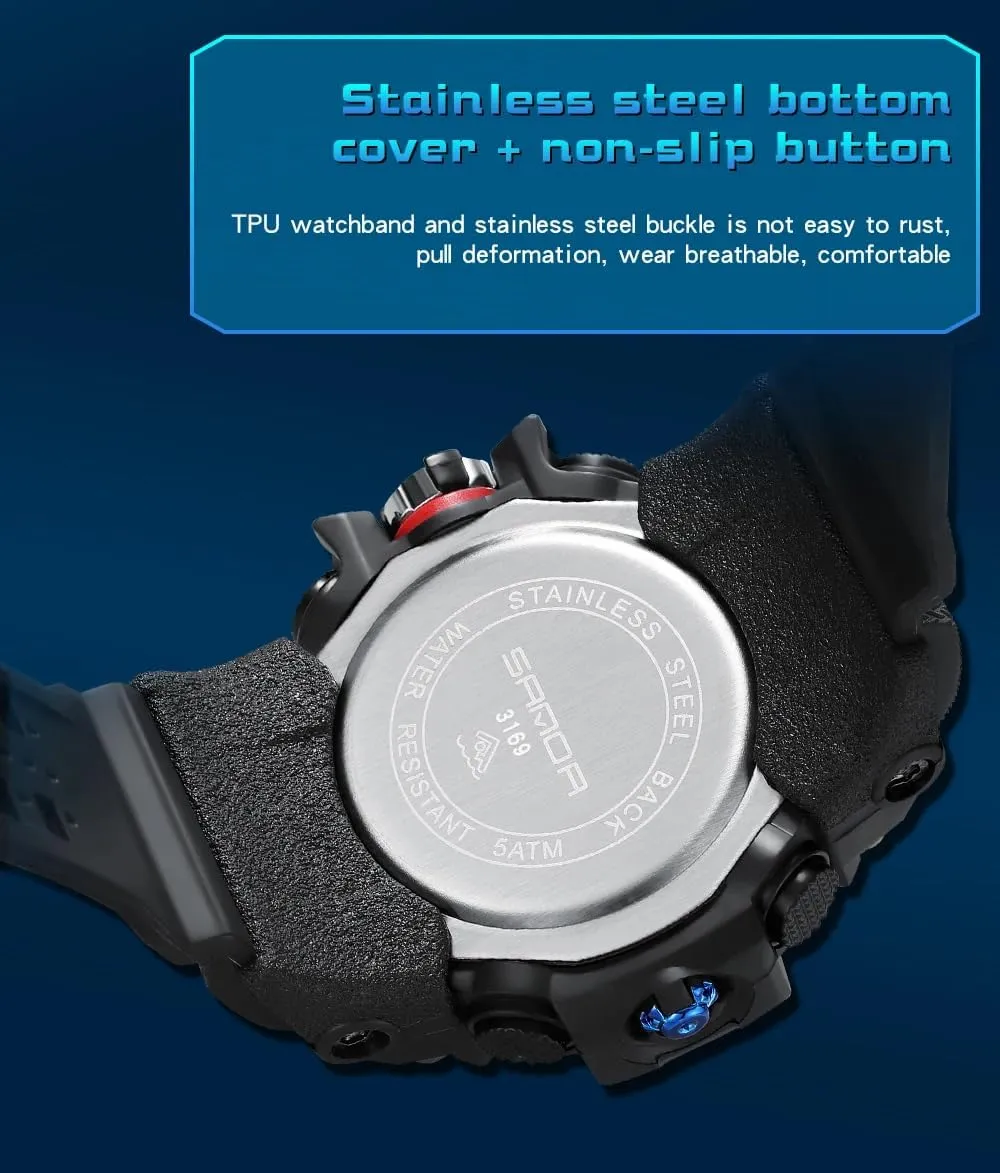 LED Backlight$ Stopwatch$ PU Strap Gosasa Military Style Digital Analog Watch$ Large meteorologist proclaim token editorial Face 2.2"$ 50m Water Resistant$ Dual Time Zone$ Alarm$ 