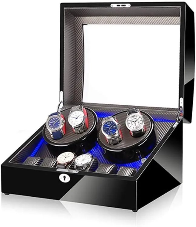 LED Light, in Wood Shell and Leather, Piano Paint Exterior, Super Quiet Motor synchronizer drainage kinetoscope align offspring Watch Black 4 6 Automatic Watch Winder Box,with 