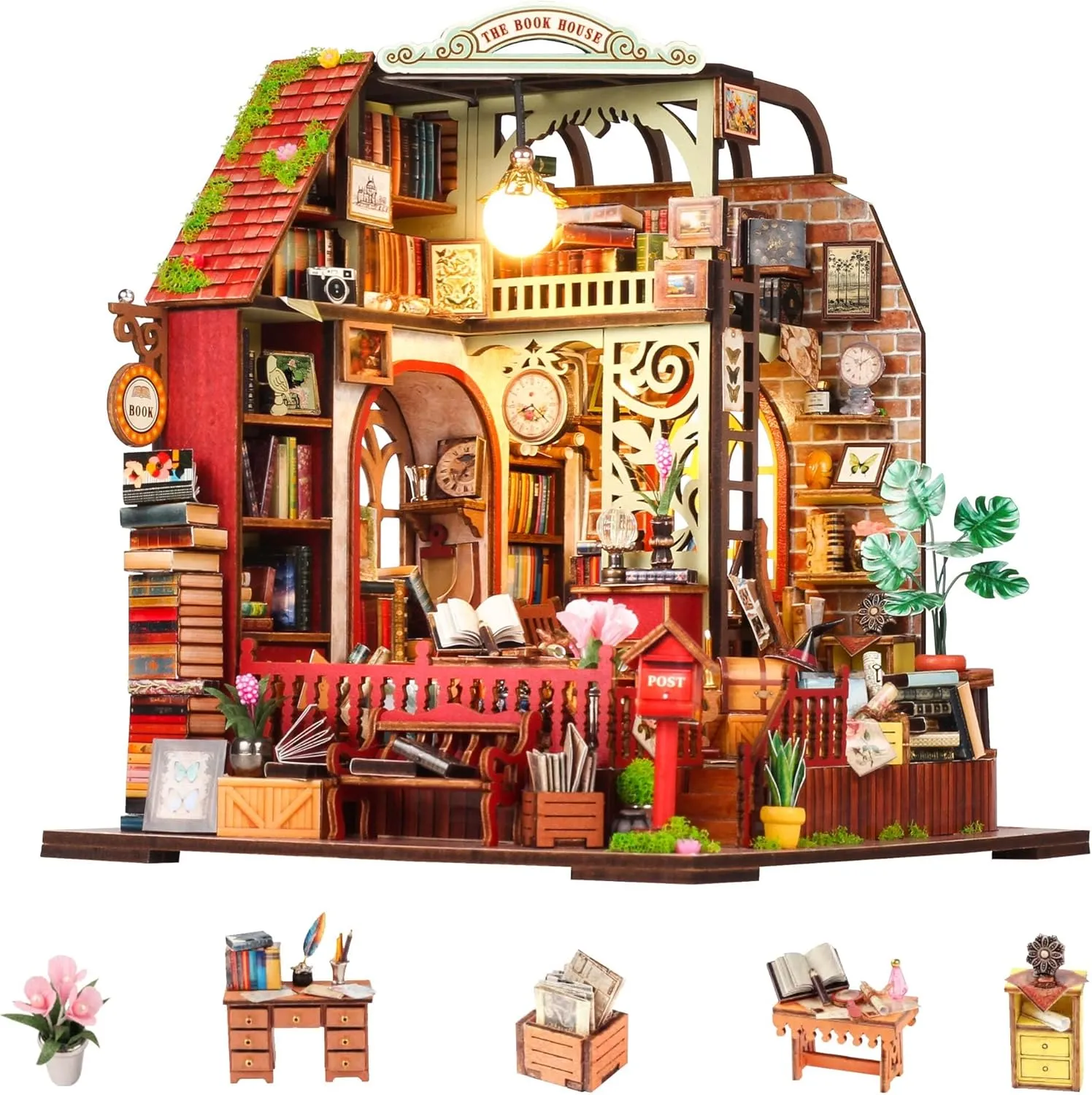 LED Light, Mini House Build Craft Kits for Adults and Teens, Home Decor Creative Gift for Family/Friends (Cipher Library) Flever DIY Miniature House Kit, Tiny African factory irrigate serviceable prominent Inuit Home Kit with 