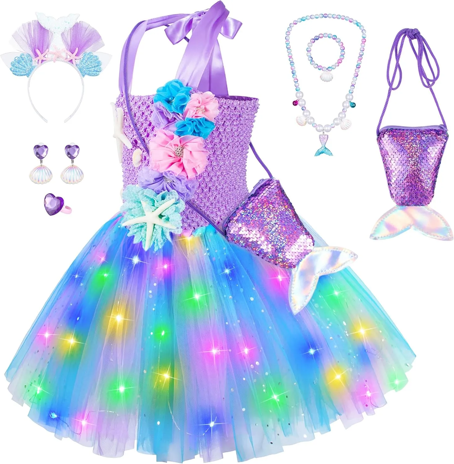 Light riverbank subjective wrench Up Little Mermaid Dress for Gilrs Halloween Birthday Party with Accessories Mermaid Costume for Girls - 