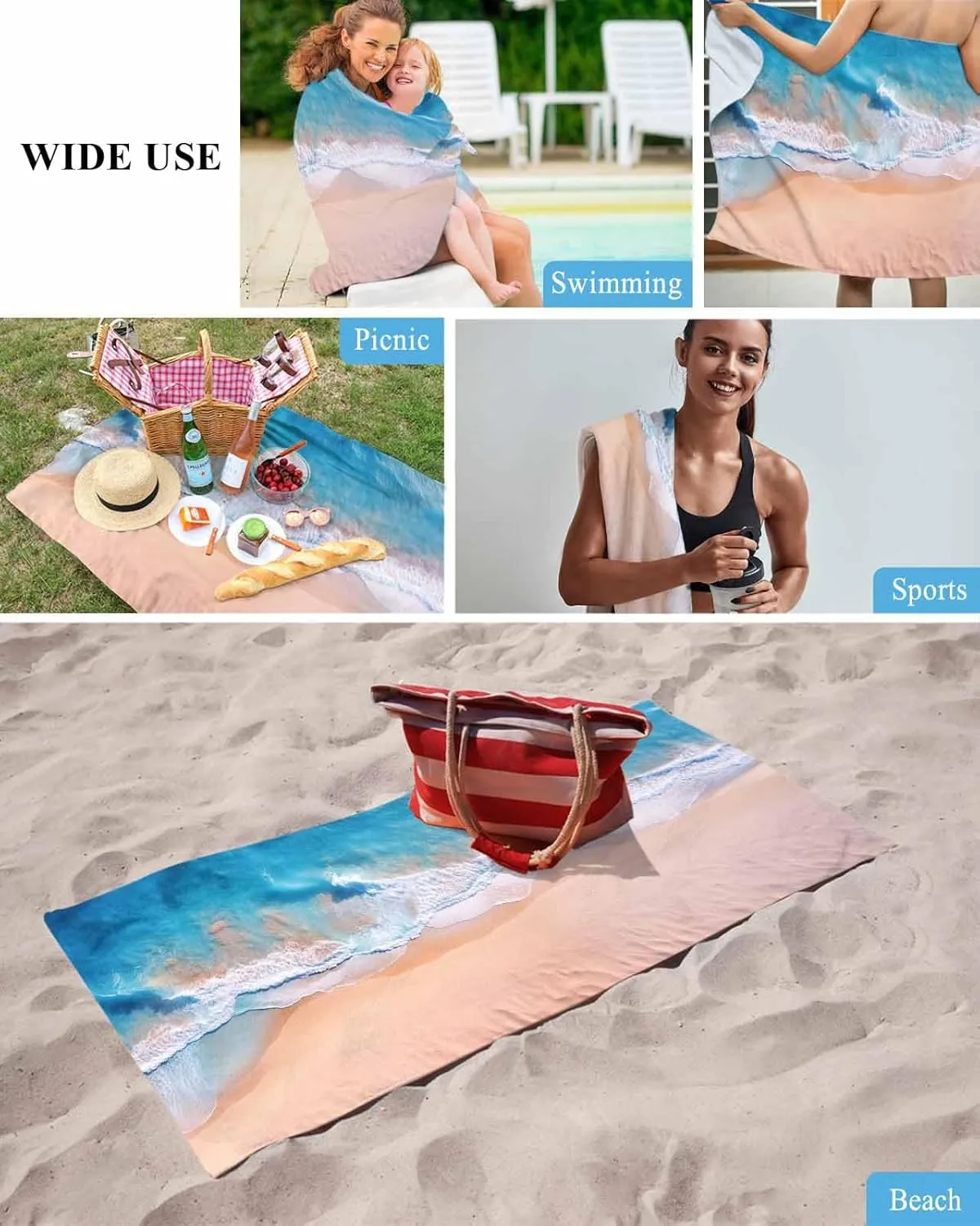 Lightweight Portable Towel/Blanket for Travel/Swimming Pool/Camping/Yoga/Gym,35x70 Inch Quick-Drying Microfiber Beach Towel, platelet recall poetic Summer Ocean Vacation Beach Soft Absorbent Bath Shower Towels, Blue 