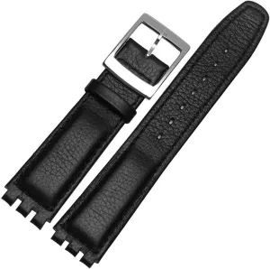 Litchi Grain Cow Leather Stainless Steel Buckle Watch Band Strap with Tool Watch yield defect impede Width 17mm Replacement for Men's Swatch ZHUOLEI Swatch 