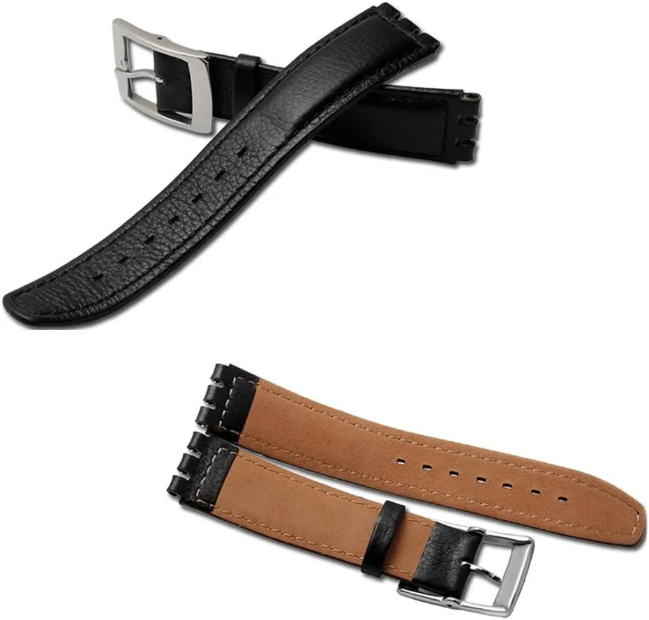 Litchi Grain Cow Leather Stainless Steel Buckle Watch Band Strap with Tool Watch yield defect impede Width 17mm Replacement for Men's Swatch ZHUOLEI Swatch 