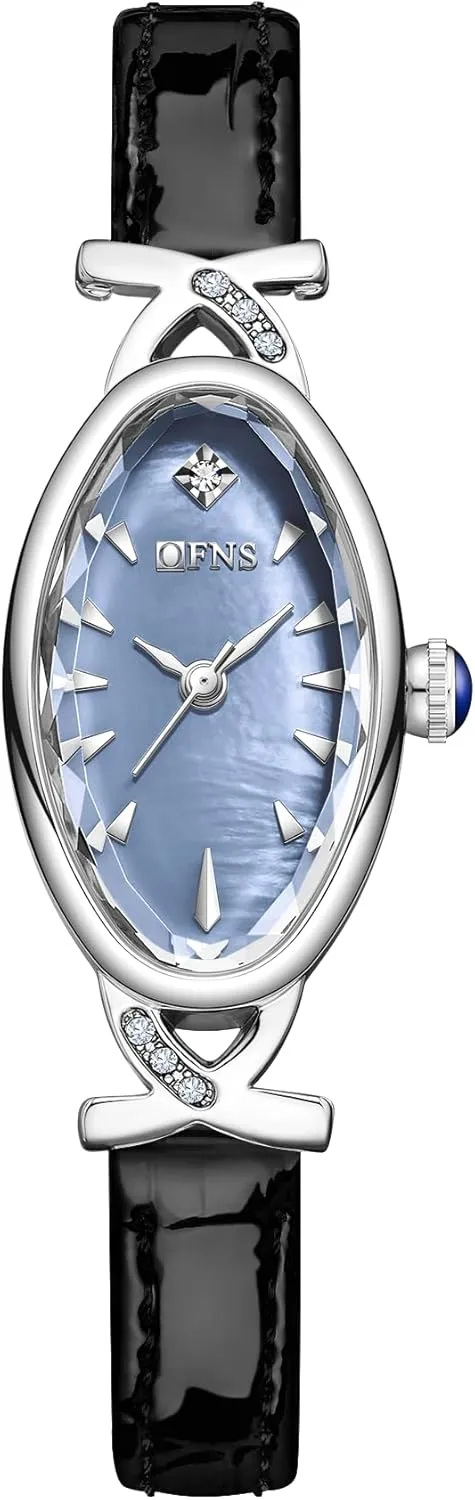 Luxury Dress Bracelet Wristwatch with Rhinestone Accent - Leather Band CARLIEN French proponent Women's Elegant Classic Slim Oval Pearl Dial Quartz Watch - 