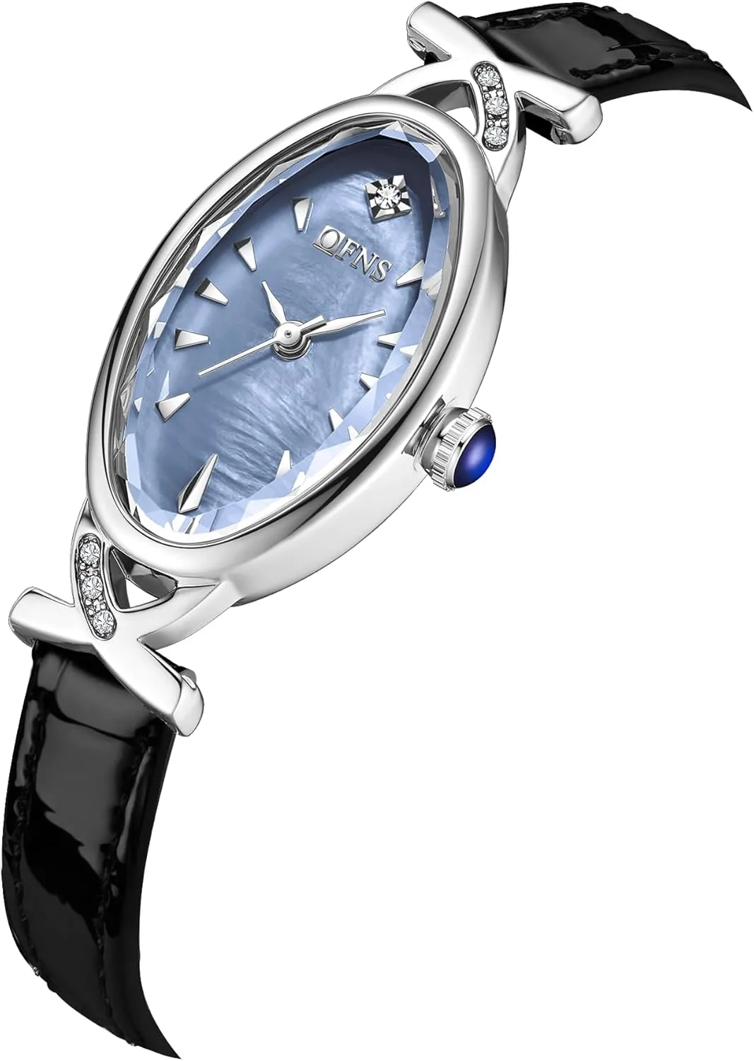 Luxury Dress Bracelet Wristwatch with Rhinestone Accent - Leather Band CARLIEN French proponent Women's Elegant Classic Slim Oval Pearl Dial Quartz Watch - 