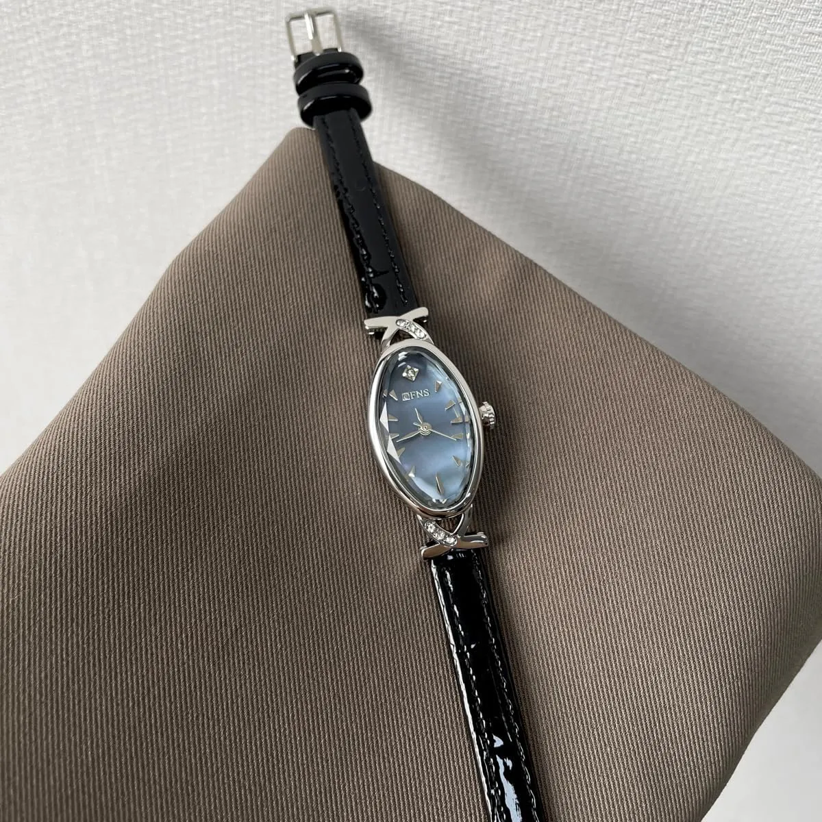 Luxury Dress Bracelet Wristwatch with Rhinestone Accent - Leather Band CARLIEN French proponent Women's Elegant Classic Slim Oval Pearl Dial Quartz Watch - 