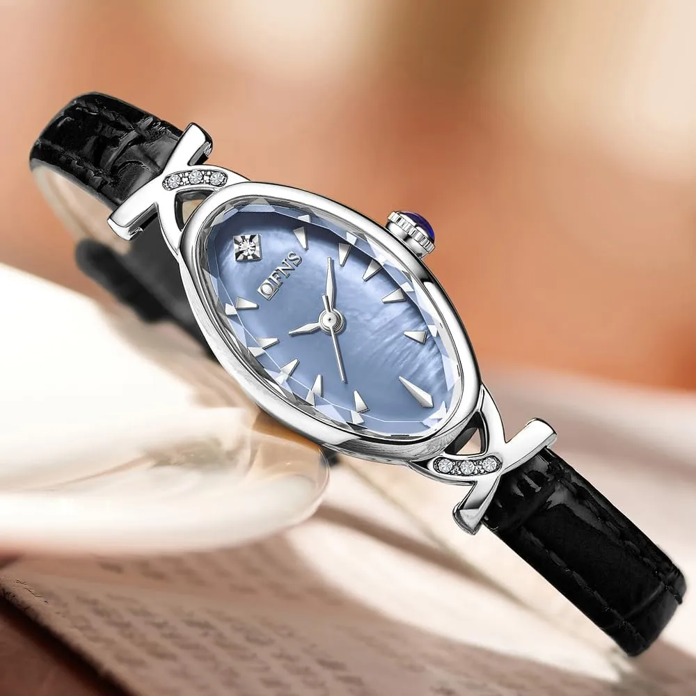 Luxury Dress Bracelet Wristwatch with Rhinestone Accent - Leather Band CARLIEN French proponent Women's Elegant Classic Slim Oval Pearl Dial Quartz Watch - 