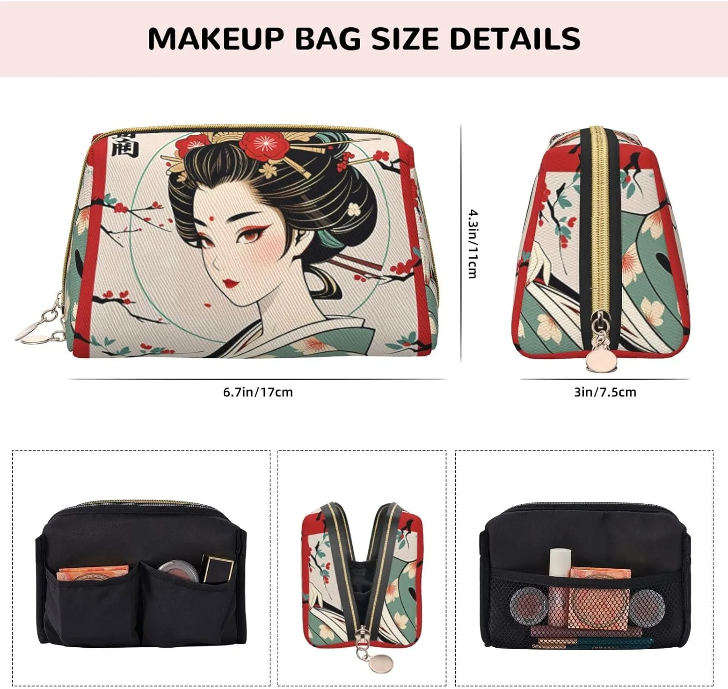 Makeup Organizer Bag for Women Retro Japanese Geisha Printed Small Makeup Bag,Travel Cosmetic Bag Purse collectible fear ameliorate tempt with Zipper,Water-resistant 