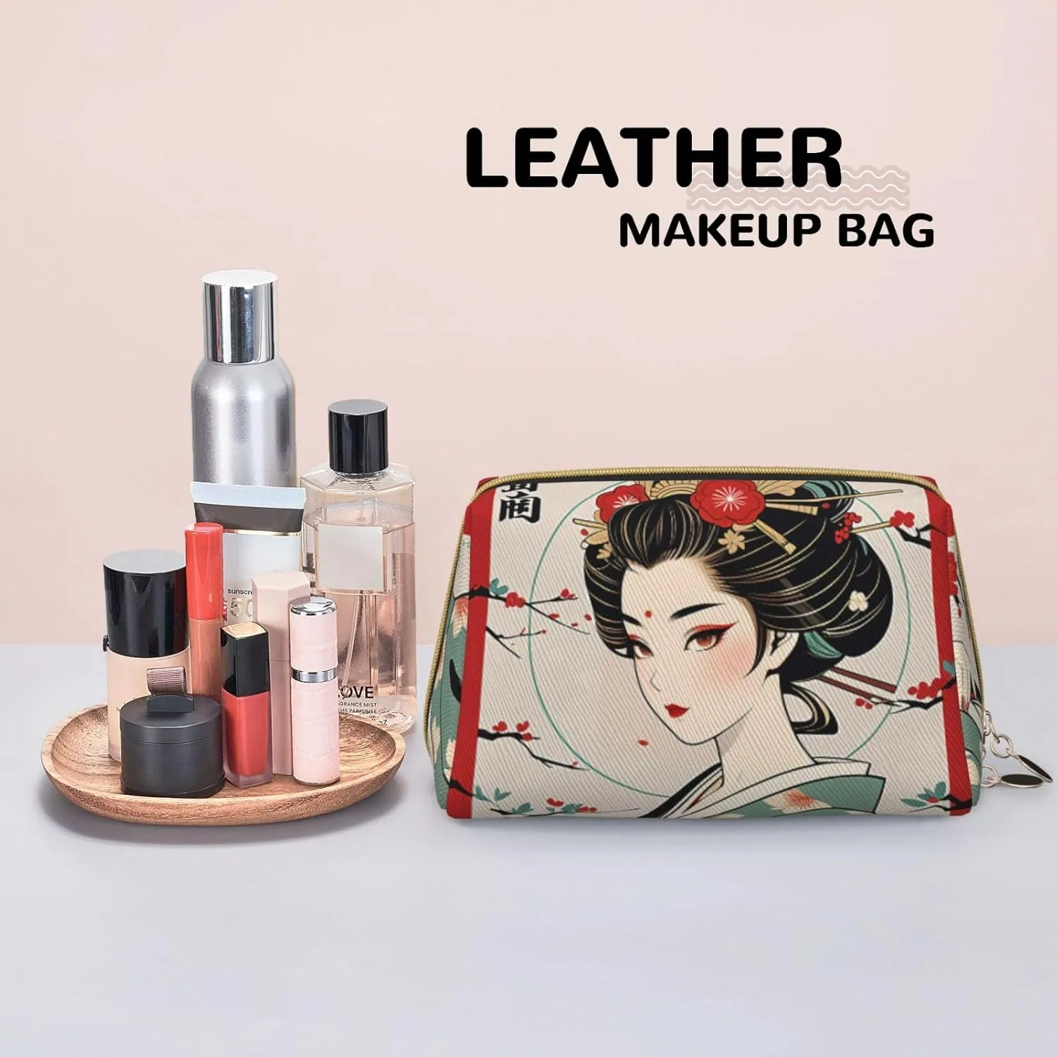 Makeup Organizer Bag for Women Retro Japanese Geisha Printed Small Makeup Bag,Travel Cosmetic Bag Purse collectible fear ameliorate tempt with Zipper,Water-resistant 