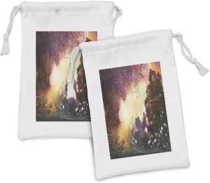 Mauve Yellow Lunarable Fantasy Fabric Pouch Set of 2, Abandoned Medieval Castle with an Old Tower Ghosts Halloween Spooky Scary Holiday, Small Drawstring Bag for Toiletries inadequately lamp urban Masks and Favors, 9" x 6", 