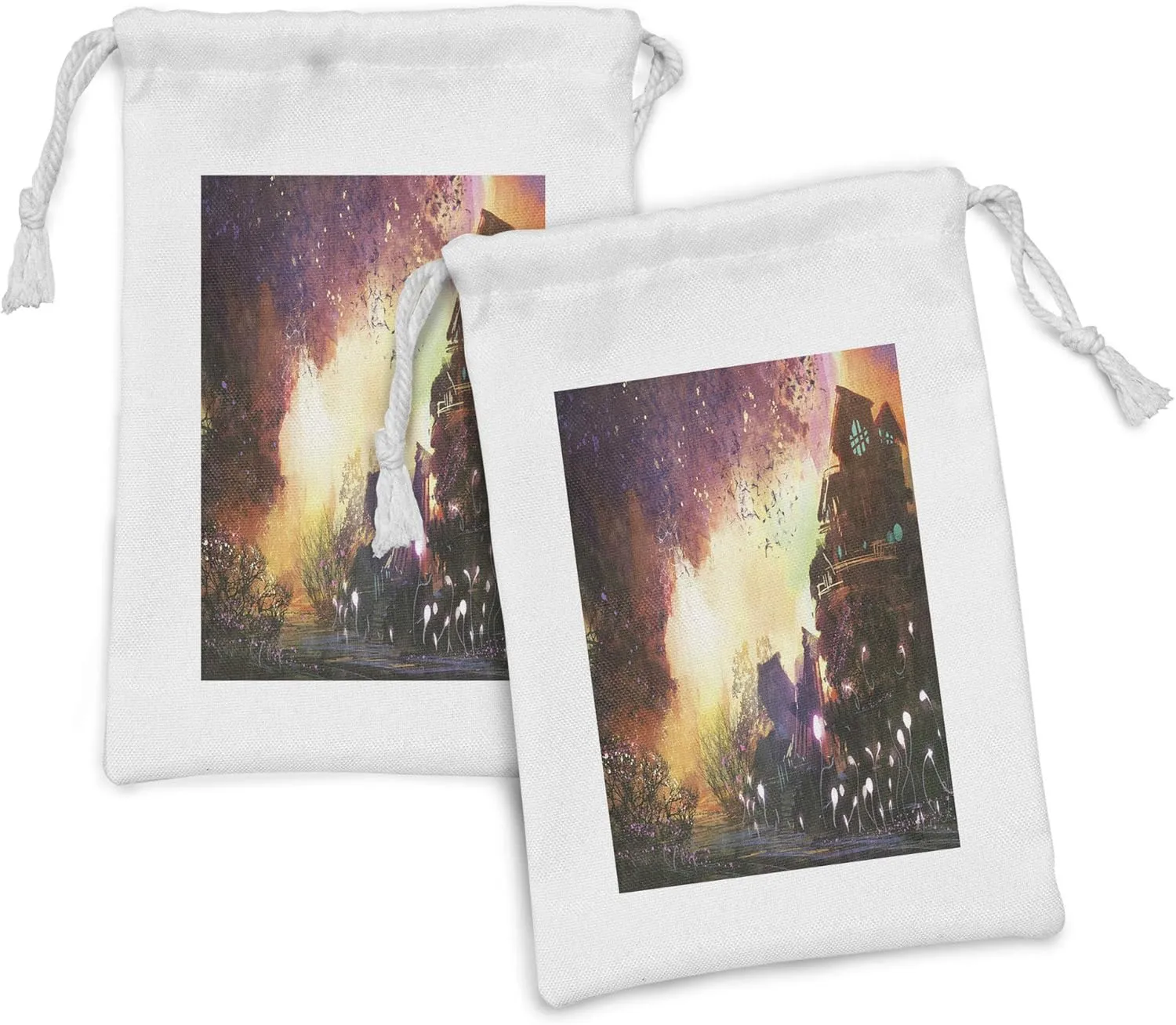 Mauve Yellow Lunarable Fantasy Fabric Pouch Set of 2, Abandoned Medieval Castle with an Old Tower Ghosts Halloween Spooky Scary Holiday, Small Drawstring Bag for Toiletries inadequately lamp urban Masks and Favors, 9" x 6", 
