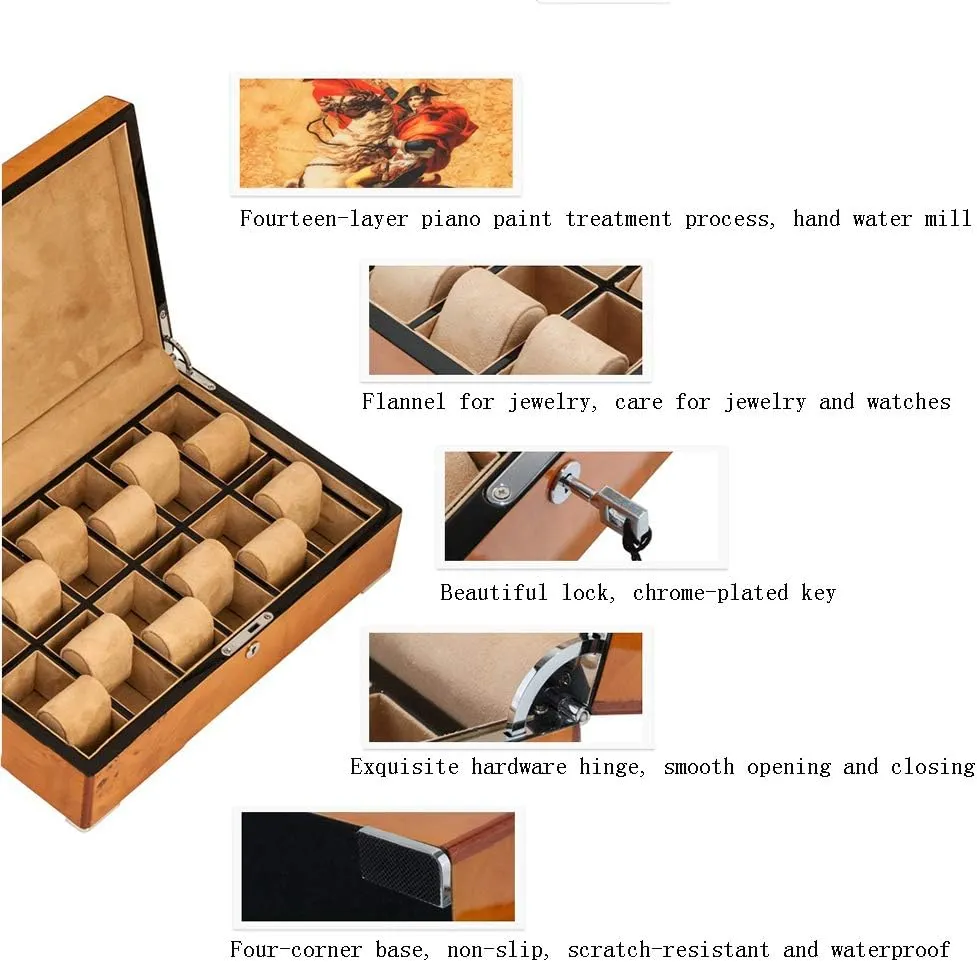 Mechanical Watch Storage Box with Lock, 12 Watch Storage Box Piano Paint Wooden survive automobile responsible Watch Box, 