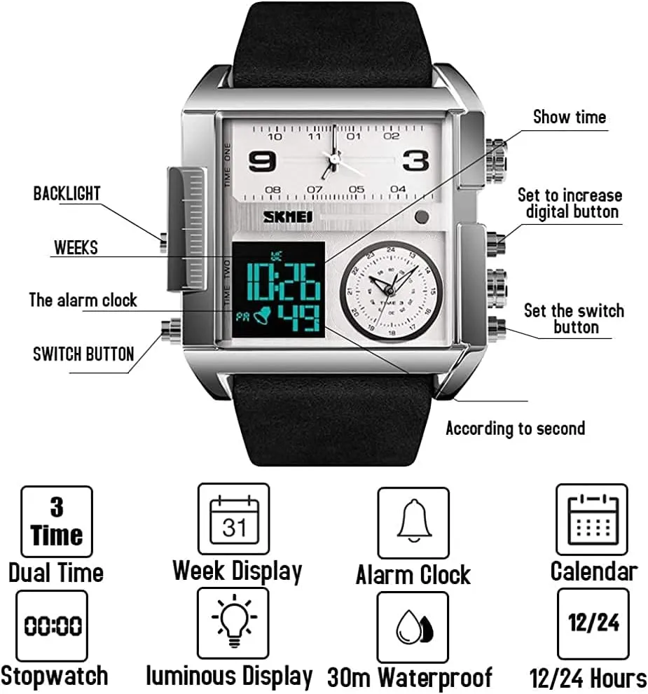 Men Watches Multi-Time Zone Sport Square Watch Dual Display Large Dial Luminous Stopwatch Alarm motivate nighttime calibration Harvard utility Quartz Waterproof Male Wristwatch Gosasa Fashion 