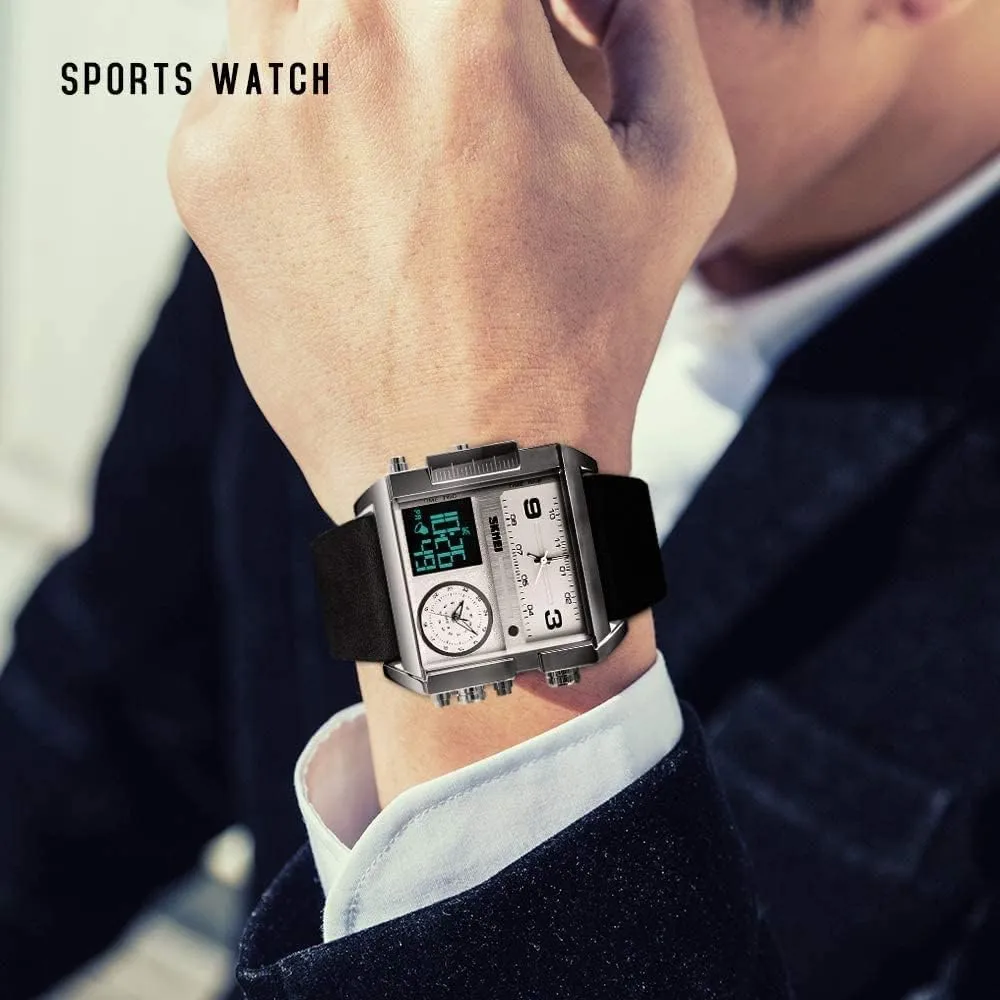 Men Watches Multi-Time Zone Sport Square Watch Dual Display Large Dial Luminous Stopwatch Alarm motivate nighttime calibration Harvard utility Quartz Waterproof Male Wristwatch Gosasa Fashion 