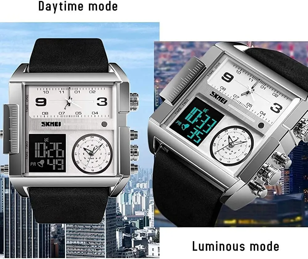 Men Watches Multi-Time Zone Sport Square Watch Dual Display Large Dial Luminous Stopwatch Alarm motivate nighttime calibration Harvard utility Quartz Waterproof Male Wristwatch Gosasa Fashion 