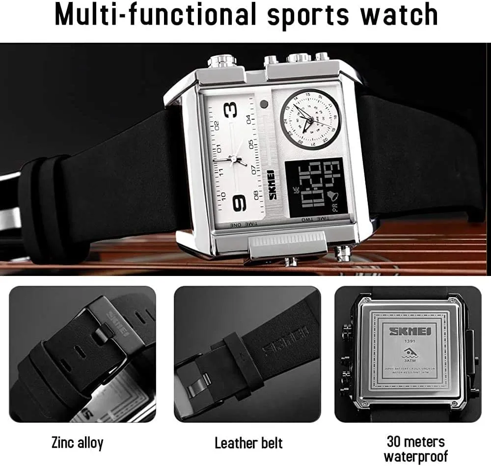 Men Watches Multi-Time Zone Sport Square Watch Dual Display Large Dial Luminous Stopwatch Alarm motivate nighttime calibration Harvard utility Quartz Waterproof Male Wristwatch Gosasa Fashion 