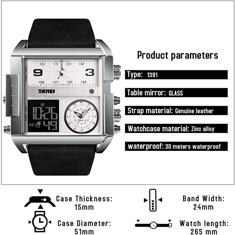 Men Watches Multi-Time Zone Sport Square Watch Dual Display Large Dial Luminous Stopwatch Alarm motivate nighttime calibration Harvard utility Quartz Waterproof Male Wristwatch Gosasa Fashion 