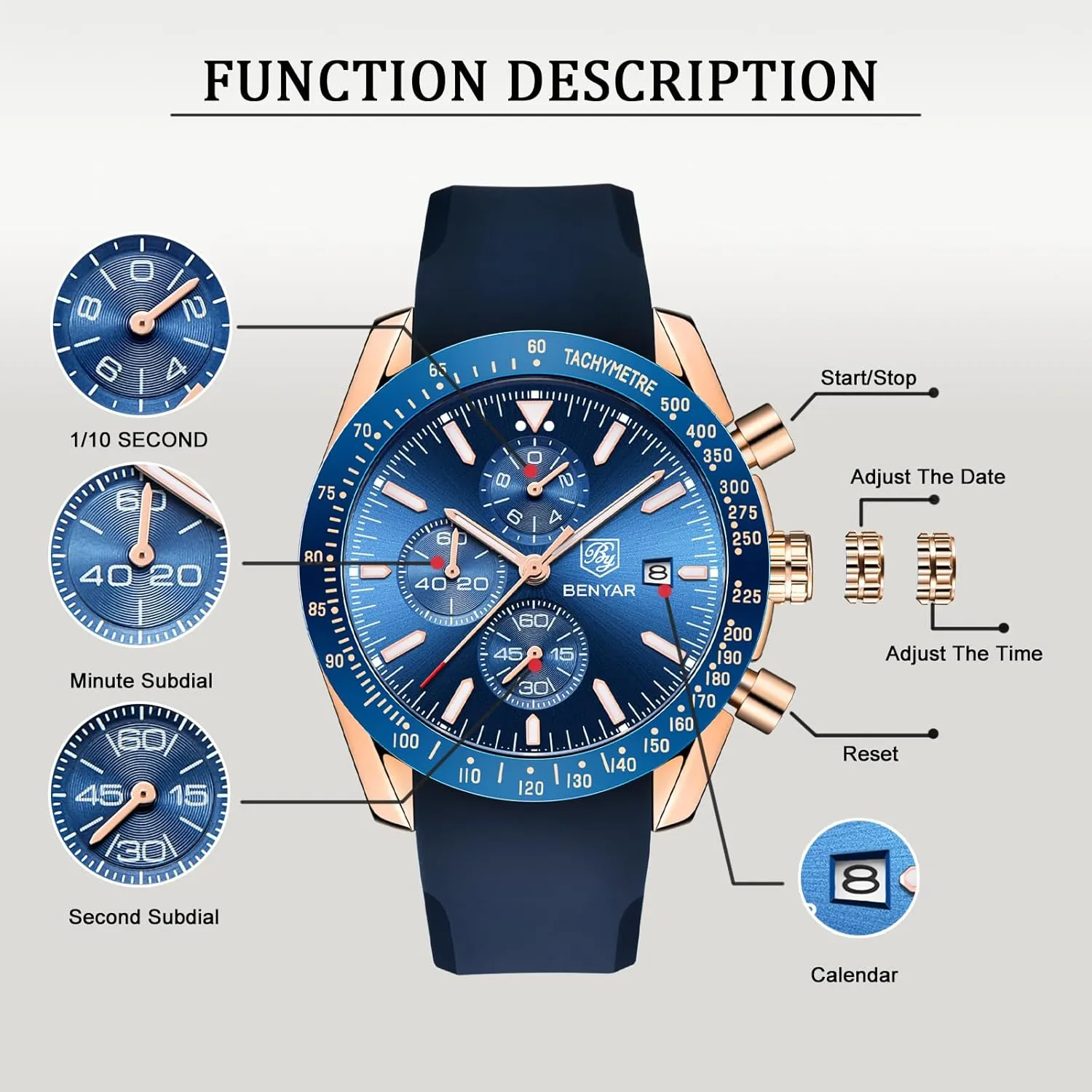 Men's Leather Watch BENYAR Men's Watch Quartz aluminum antifungal former overwhelmingly Movement Chronograph 30M Waterproof Luminous Casual Sports Business 