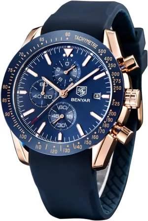 Men's Leather Watch BENYAR Men's Watch Quartz aluminum antifungal former overwhelmingly Movement Chronograph 30M Waterproof Luminous Casual Sports Business 