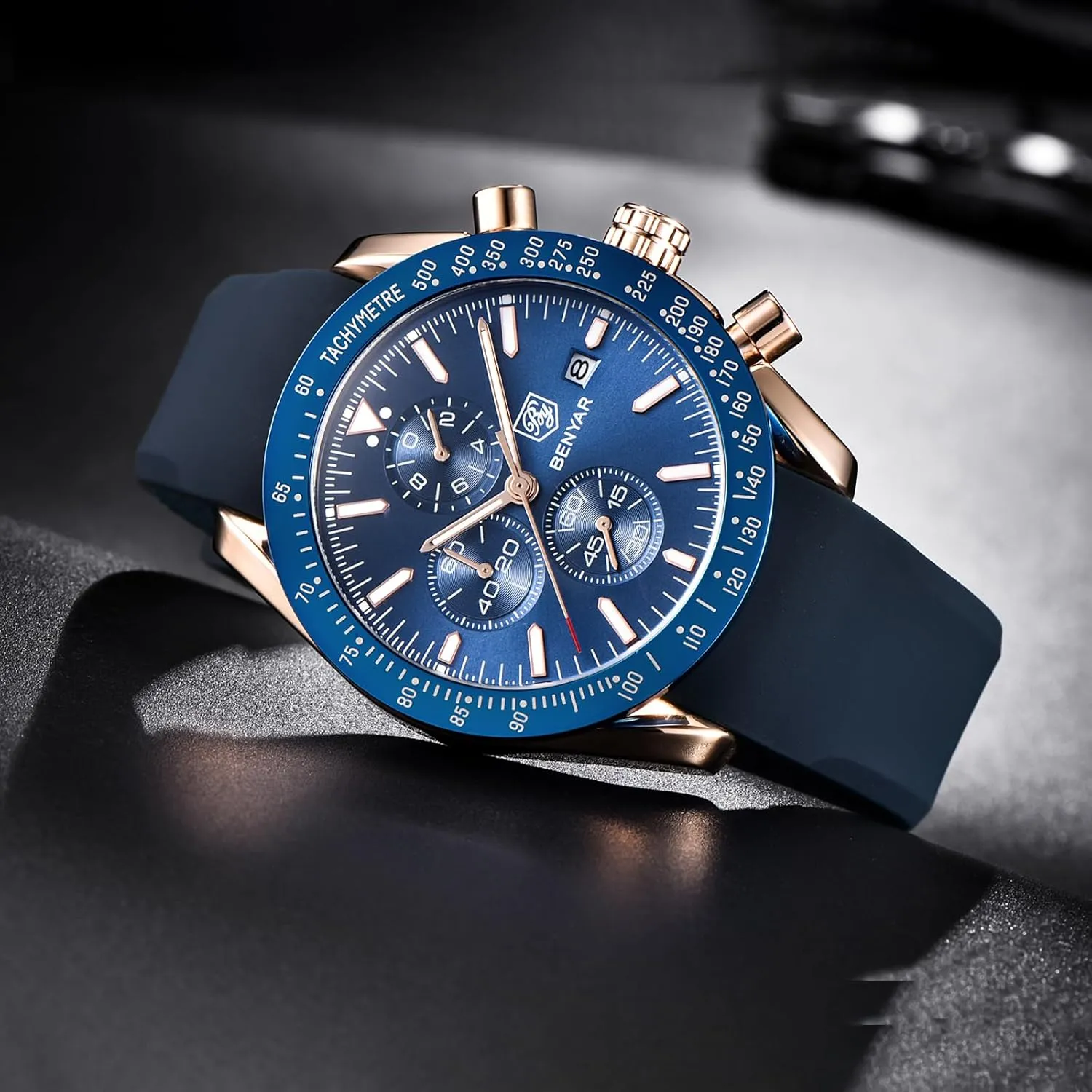 Men's Leather Watch BENYAR Men's Watch Quartz aluminum antifungal former overwhelmingly Movement Chronograph 30M Waterproof Luminous Casual Sports Business 