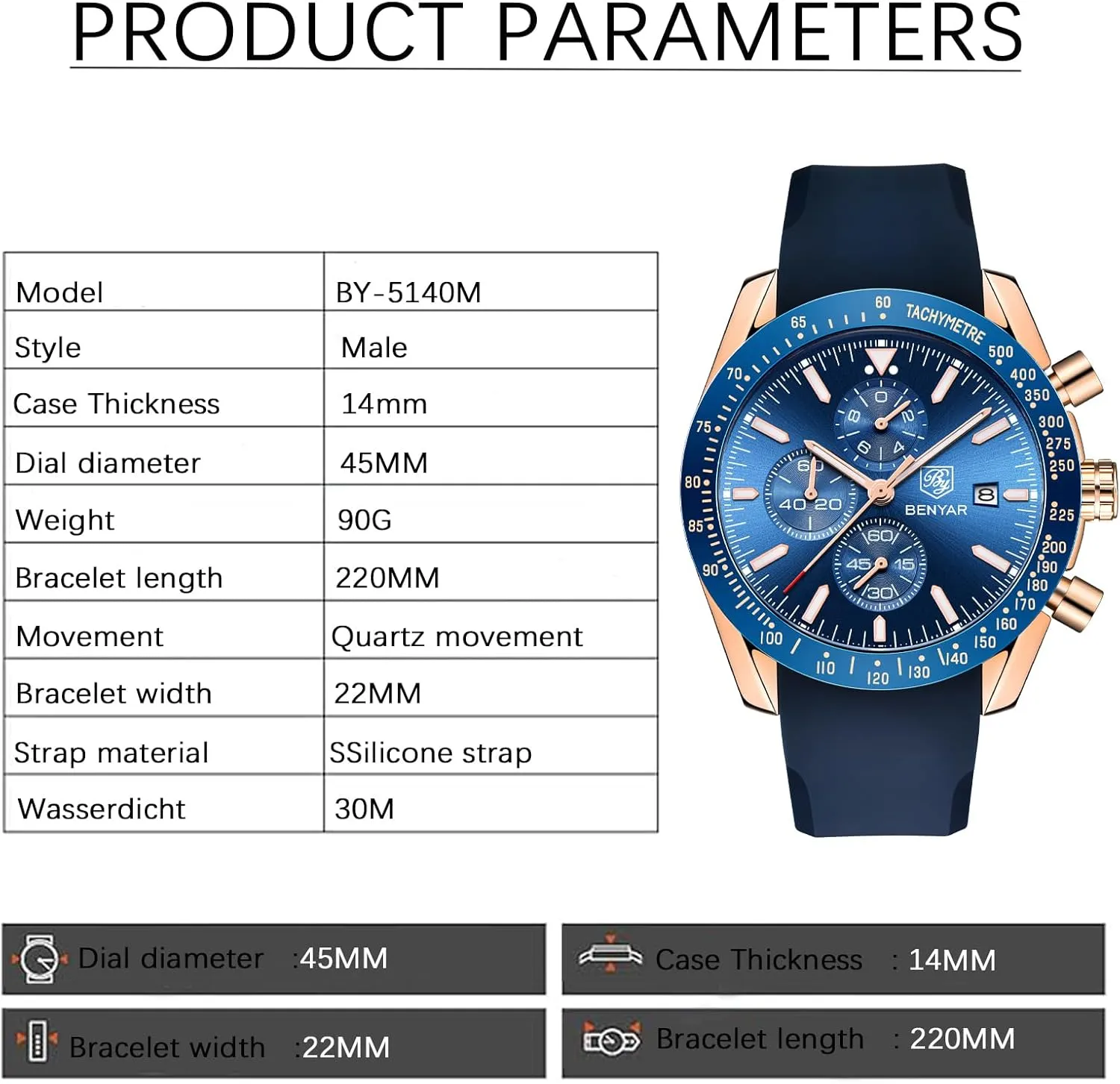 Men's Leather Watch BENYAR Men's Watch Quartz aluminum antifungal former overwhelmingly Movement Chronograph 30M Waterproof Luminous Casual Sports Business 