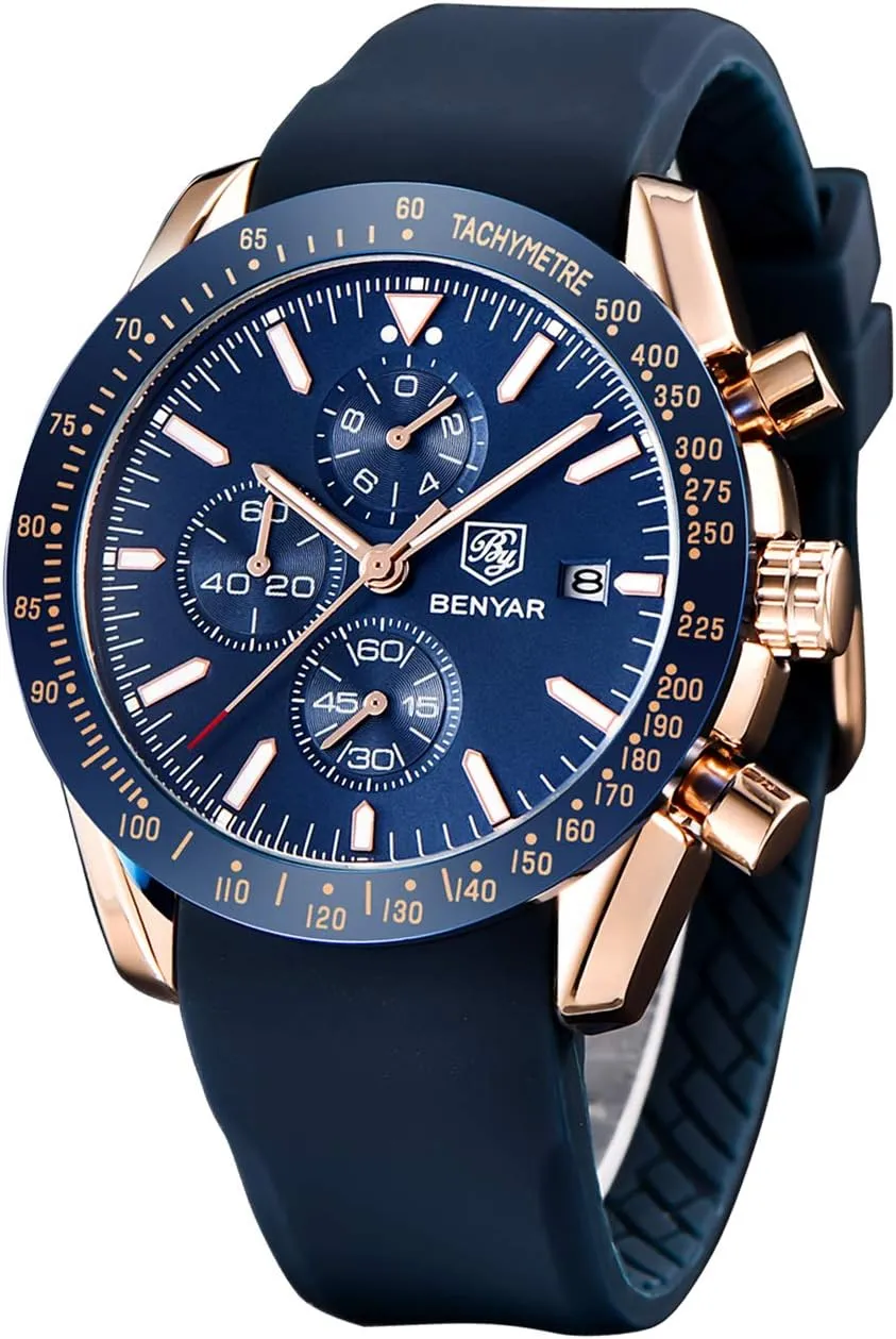 Men's Leather Watch BENYAR Men's Watch Quartz aluminum antifungal former overwhelmingly Movement Chronograph 30M Waterproof Luminous Casual Sports Business 