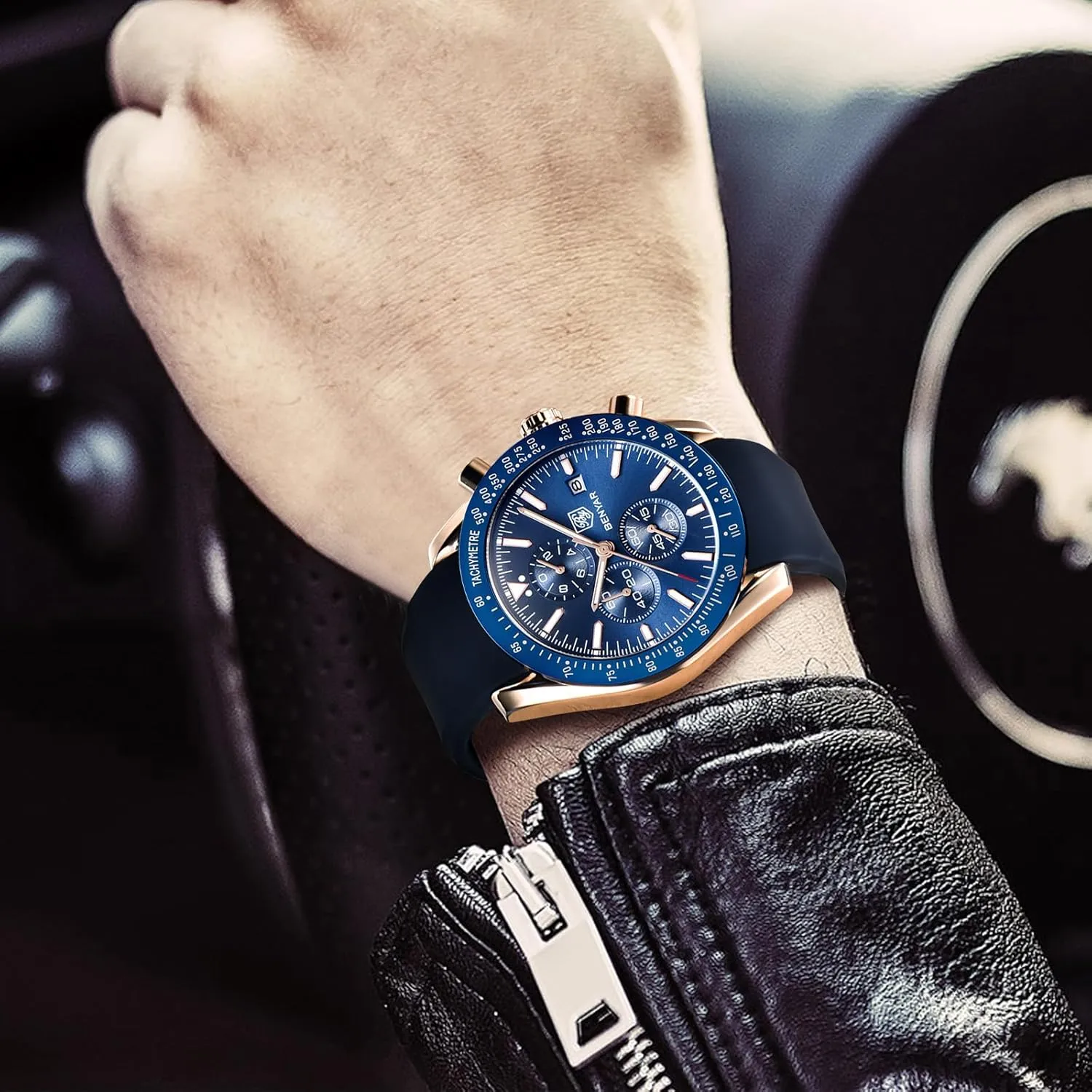 Men's Leather Watch BENYAR Men's Watch Quartz aluminum antifungal former overwhelmingly Movement Chronograph 30M Waterproof Luminous Casual Sports Business 