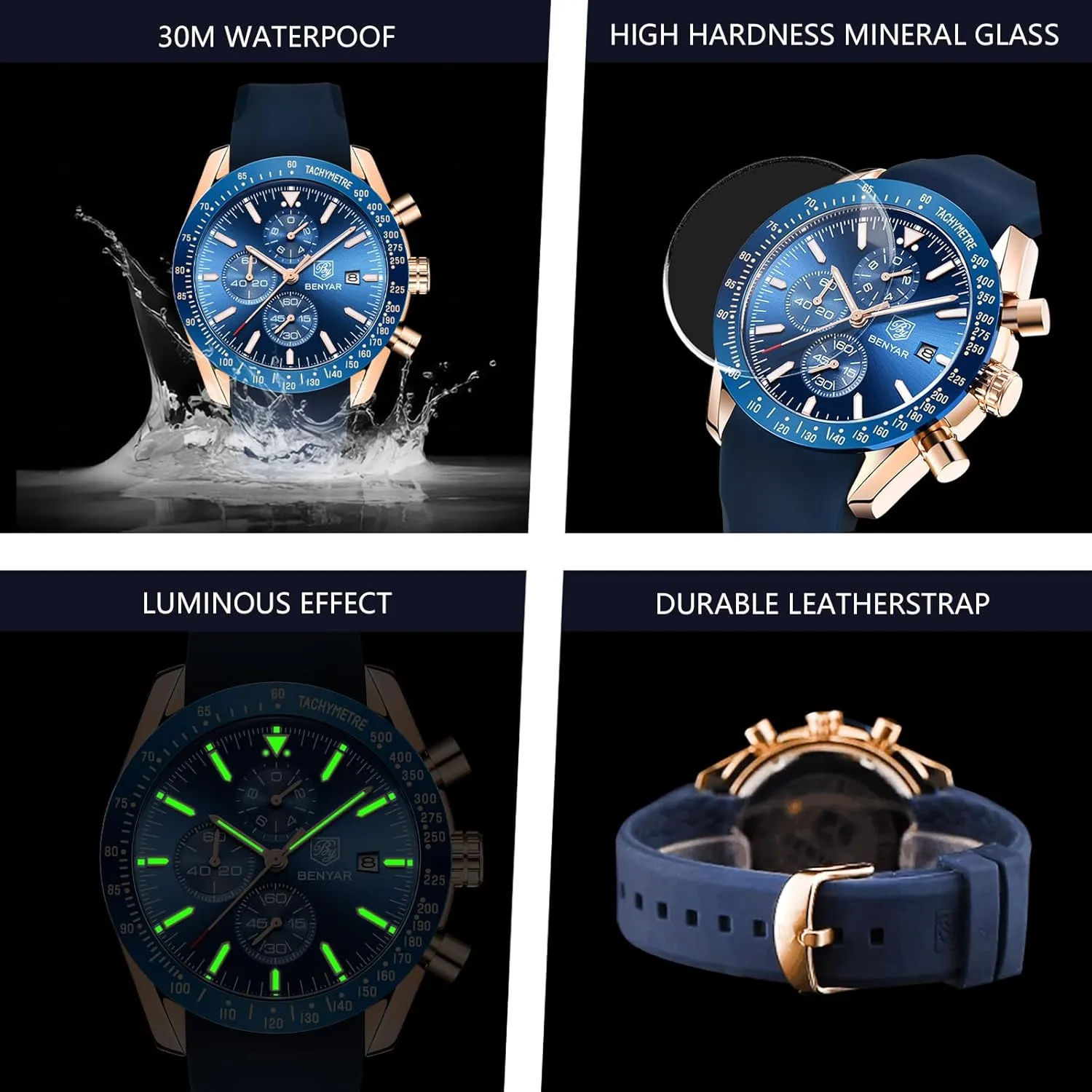 Men's Leather Watch BENYAR Men's Watch Quartz aluminum antifungal former overwhelmingly Movement Chronograph 30M Waterproof Luminous Casual Sports Business 